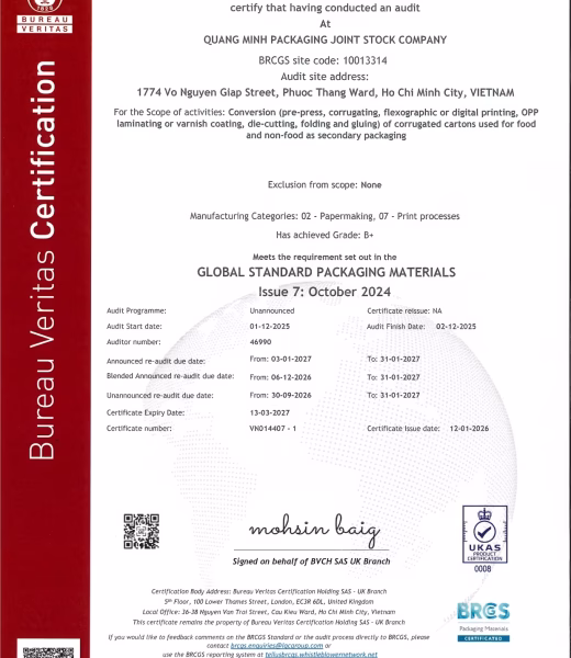 QUANG MINH - BRC IOP - RA - UNA - 20274131 - V1 Chứng nhận BRCGS – Global Standard for Packaging Materials